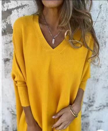 Long Sleeve Knitted V-neck Loose Long Shirt Women
