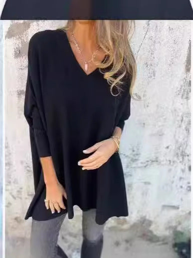 Long Sleeve Knitted V-neck Loose Long Shirt Women