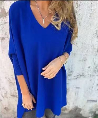 Long Sleeve Knitted V-neck Loose Long Shirt Women