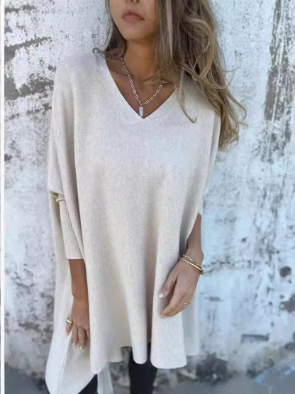 Long Sleeve Knitted V-neck Loose Long Shirt Women