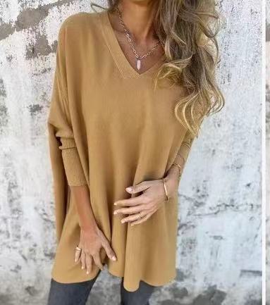Long Sleeve Knitted V-neck Loose Long Shirt Women