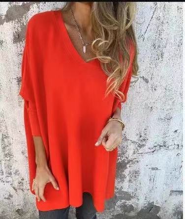 Long Sleeve Knitted V-neck Loose Long Shirt Women