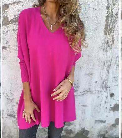 Long Sleeve Knitted V-neck Loose Long Shirt Women