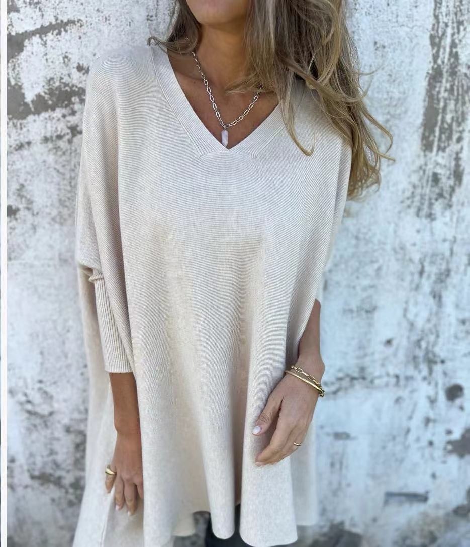Long Sleeve Knitted V-neck Loose Long Shirt Women