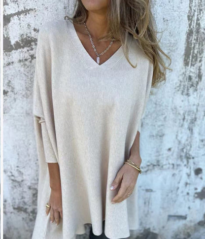 Long Sleeve Knitted V-neck Loose Long Shirt Women
