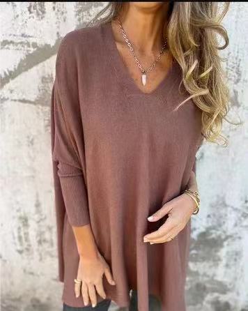 Long Sleeve Knitted V-neck Loose Long Shirt Women