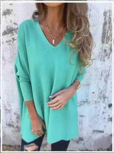 Long Sleeve Knitted V-neck Loose Long Shirt Women