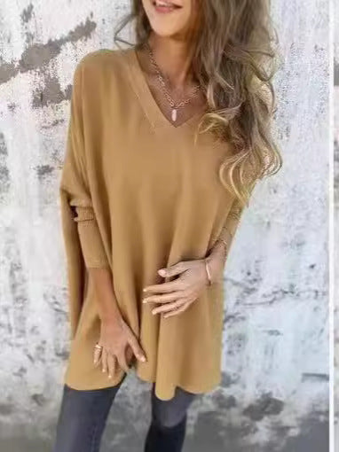 Long Sleeve Knitted V-neck Loose Long Shirt Women