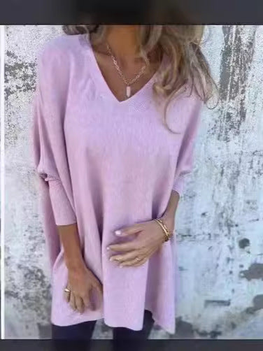 Long Sleeve Knitted V-neck Loose Long Shirt Women