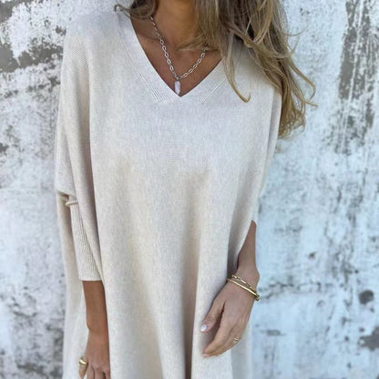 Long Sleeve Knitted V-neck Loose Long Shirt Women