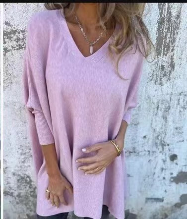 Long Sleeve Knitted V-neck Loose Long Shirt Women