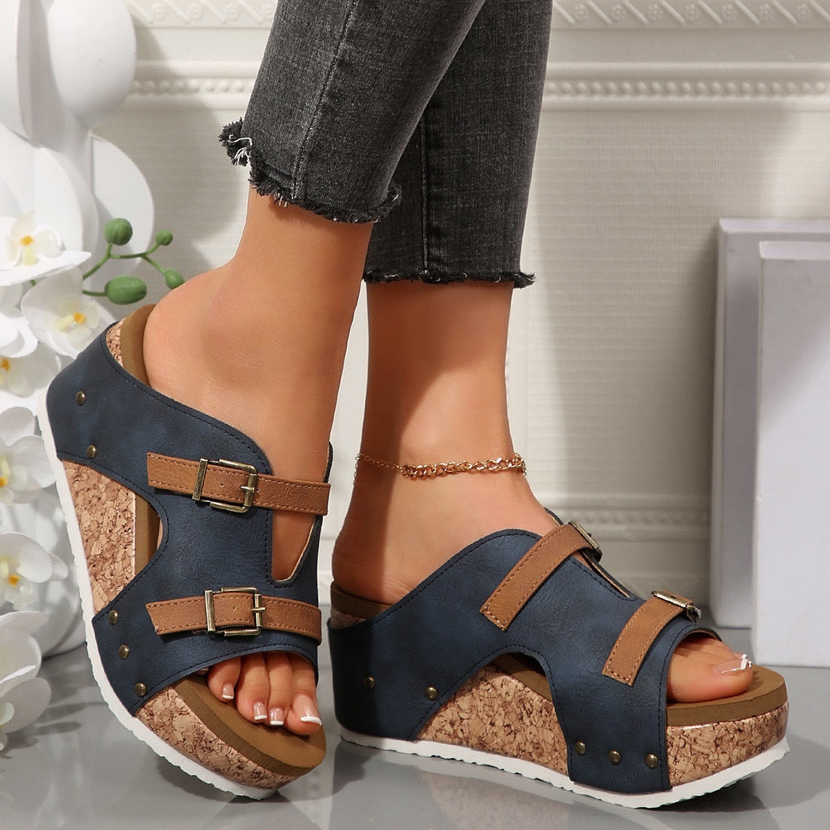 Ins Buckle Wedges Sandals Summer Fish Mouth Thick High Heel Slides Slippers Outdoor Fashion Beach Roman Shoes For Women