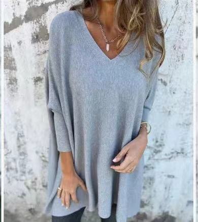 Long Sleeve Knitted V-neck Loose Long Shirt Women