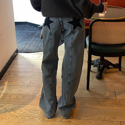 Retro Back Five-pointed Star Jeans Color Contrast Patchwork Casual Pants