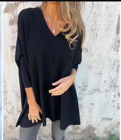 Long Sleeve Knitted V-neck Loose Long Shirt Women