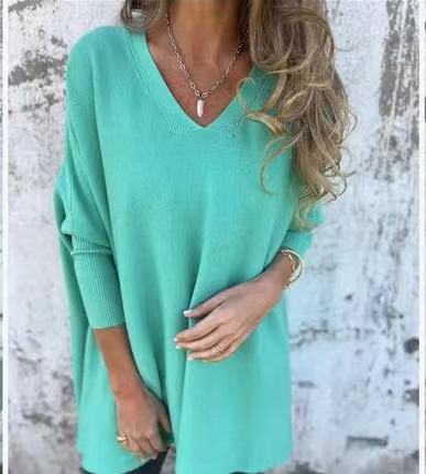 Long Sleeve Knitted V-neck Loose Long Shirt Women